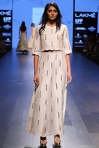 Stone White Silk Embroidered Palazzo Pant Set by Payal Singhal