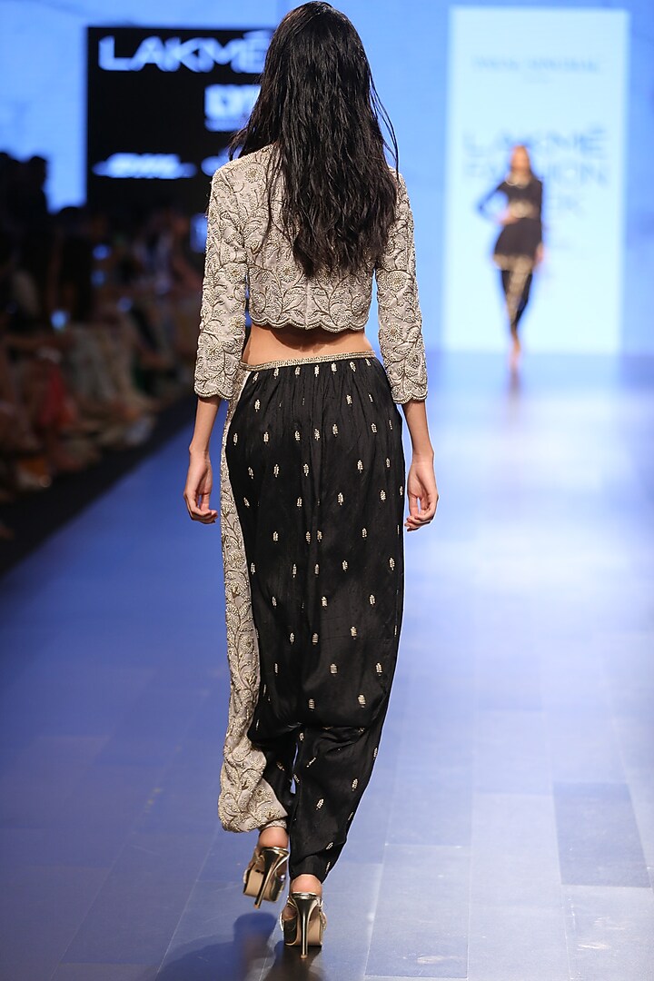 Dove Grey Pearl work Crop Top with Black and Dove Grey Scalloped Pants available only at Pernia's Pop Up Shop.