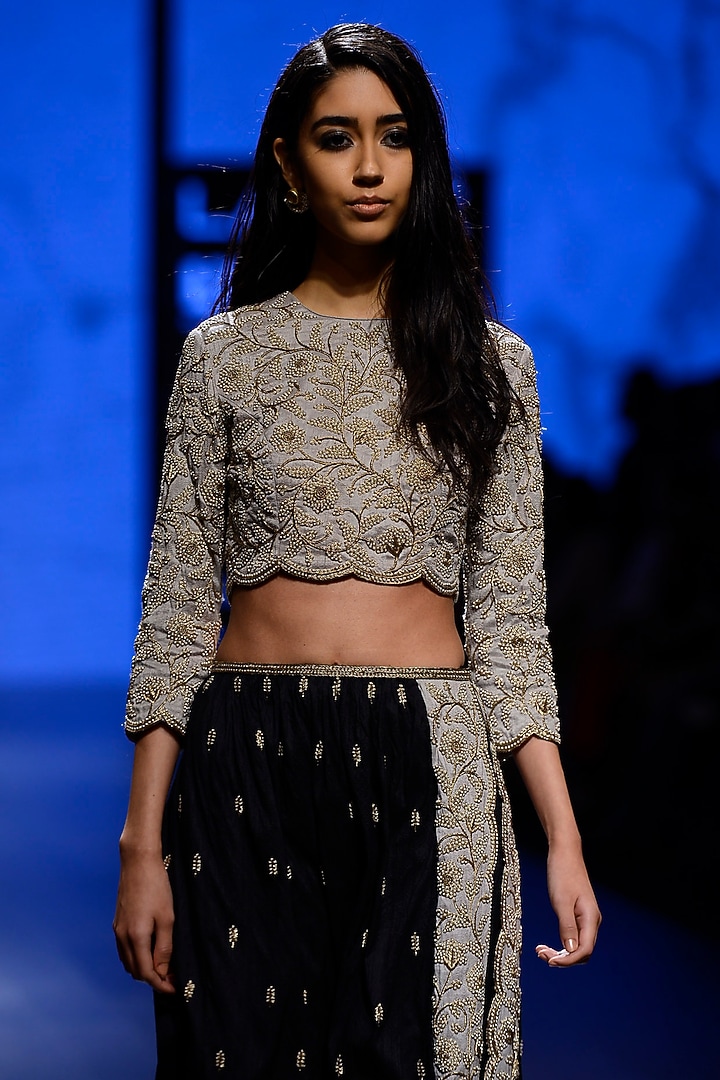 Dove Grey Pearl work Crop Top with Black and Dove Grey Scalloped Pants available only at Pernia's Pop Up Shop.