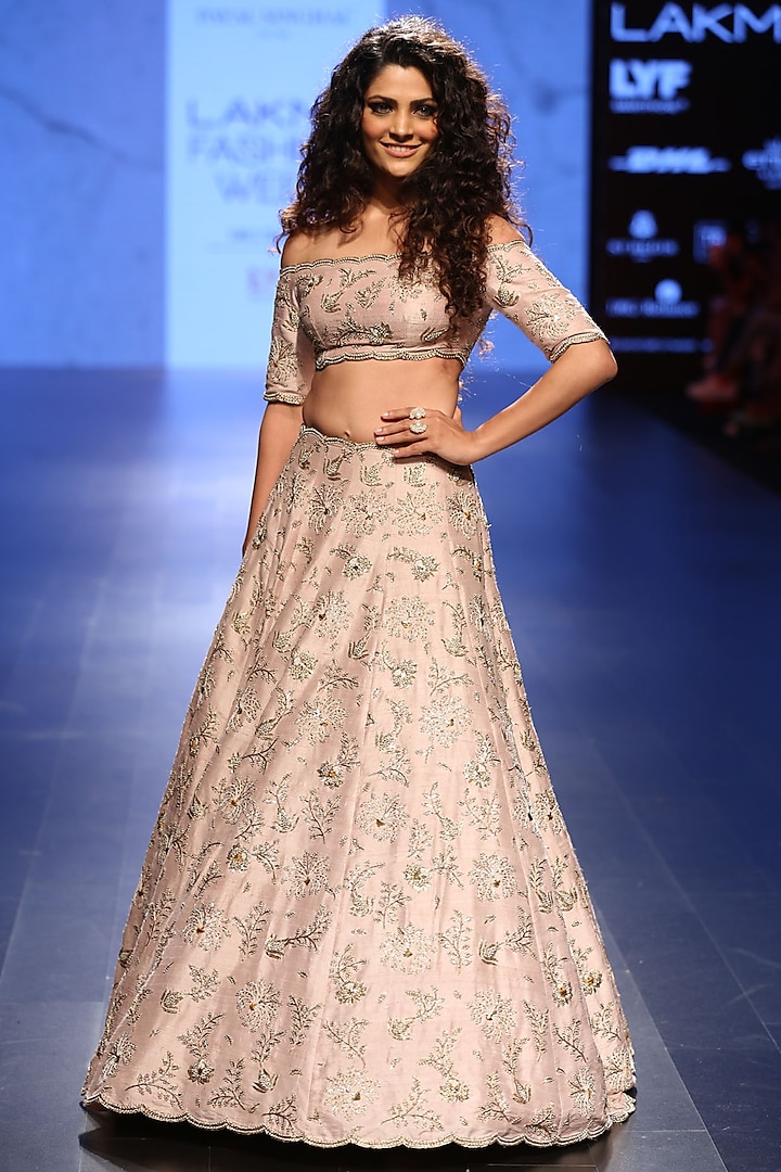 Blush Embroidered Lehenga and Off Shoulder Choli Set by Payal Singhal