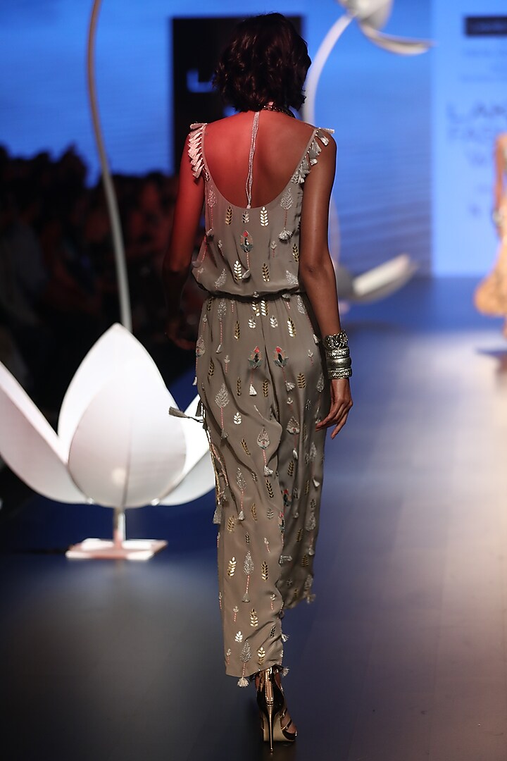 Grey embroidered jumpsuit available only at Pernia's Pop Up Shop.