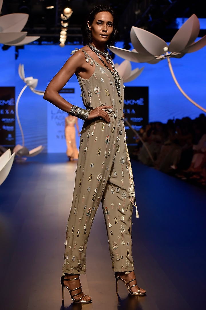 Grey embroidered jumpsuit available only at Pernia's Pop Up Shop.