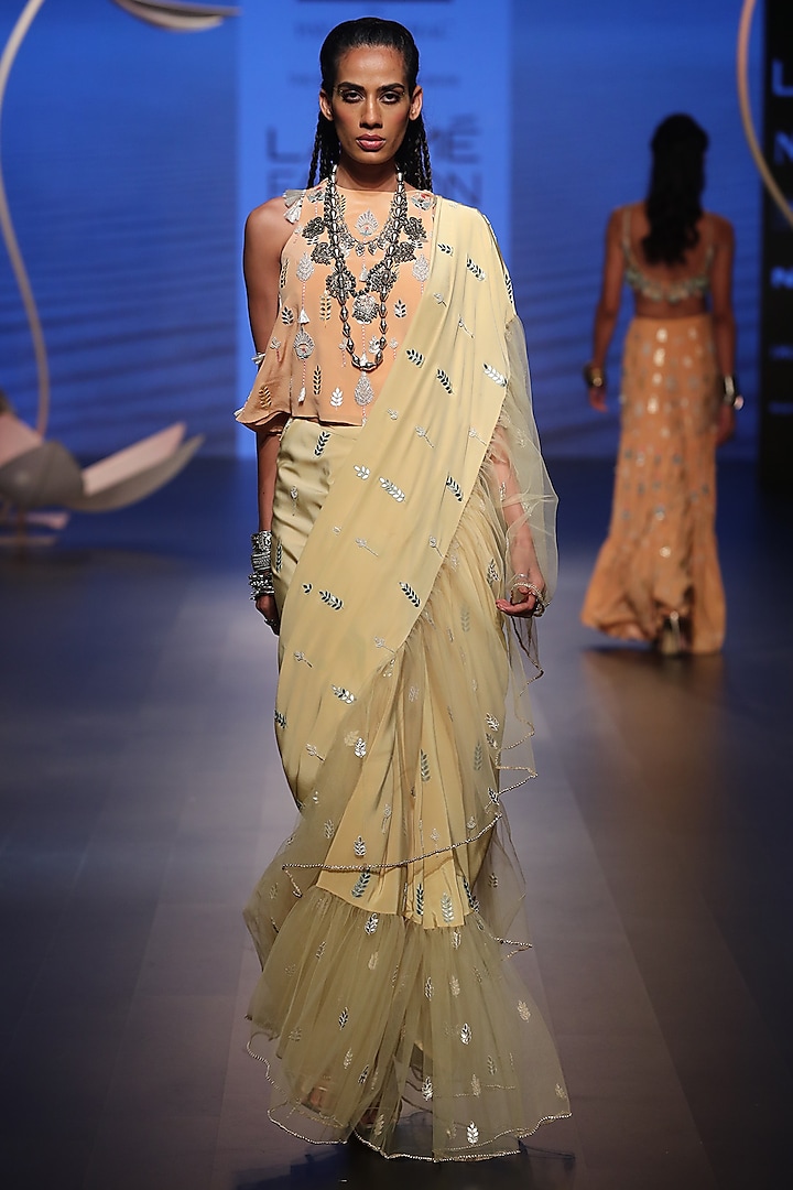 Pale Yellow Net & Crepe Embroidered Frilled Saree Set by Payal Singhal