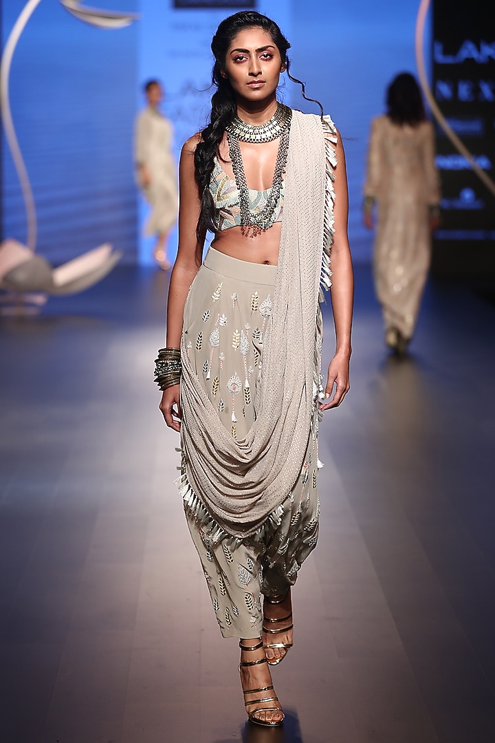 Grey embroidered pant saree available only at Pernia's Pop Up Shop.