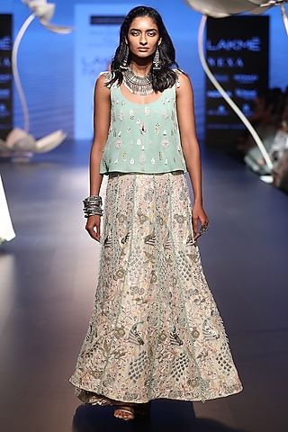 Aqua Embroidered Top with Stone Lehenga Skirt by Payal Singhal