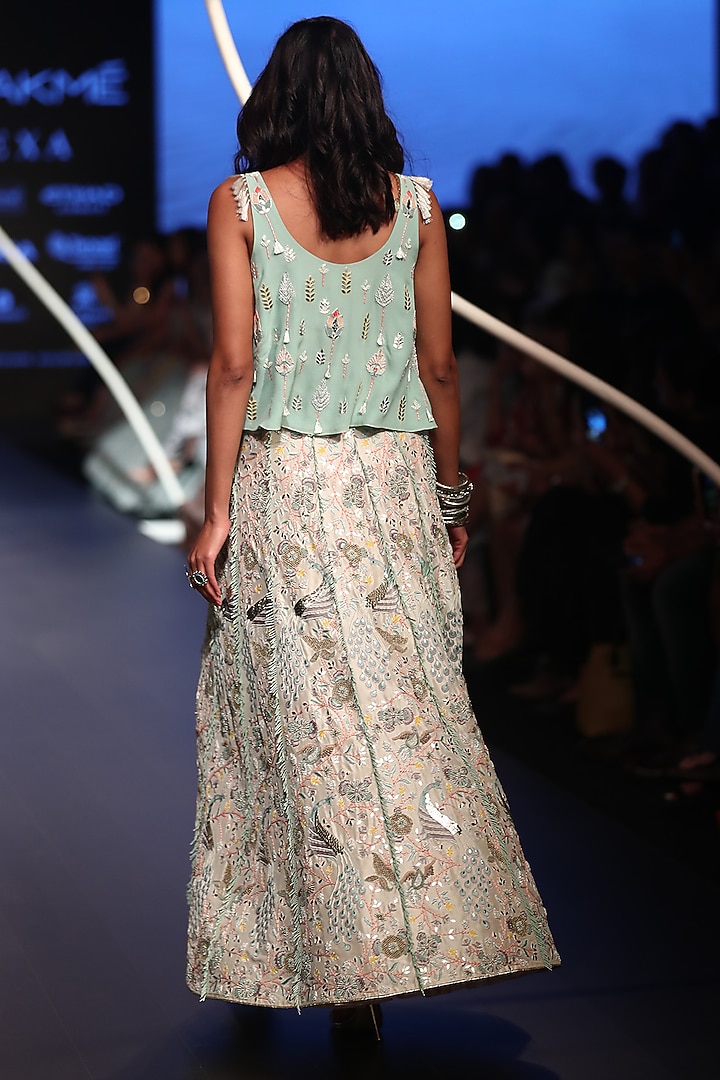 Aqua embroidered top with stone lehenga skirt available only at Pernia's Pop Up Shop.