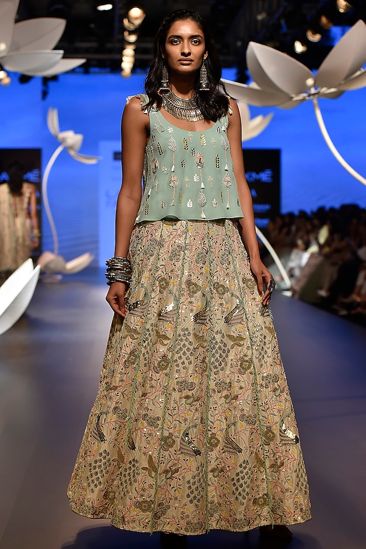 Aqua Embroidered Top with Stone Lehenga Skirt by Payal Singhal