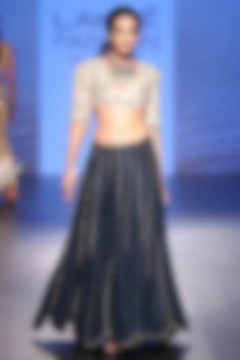 Rose Pink Embroidered Choli with Navy Lehenga Skirt by Payal Singhal