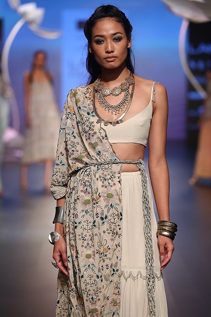 Stone embroidered sharara set with jacket and belt available only at Pernia's Pop Up Shop.