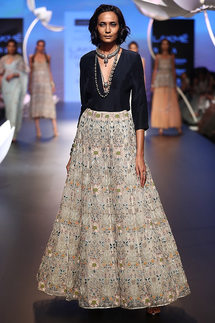 Navy Embroidered Top and Lehenga Skirt by Payal Singhal