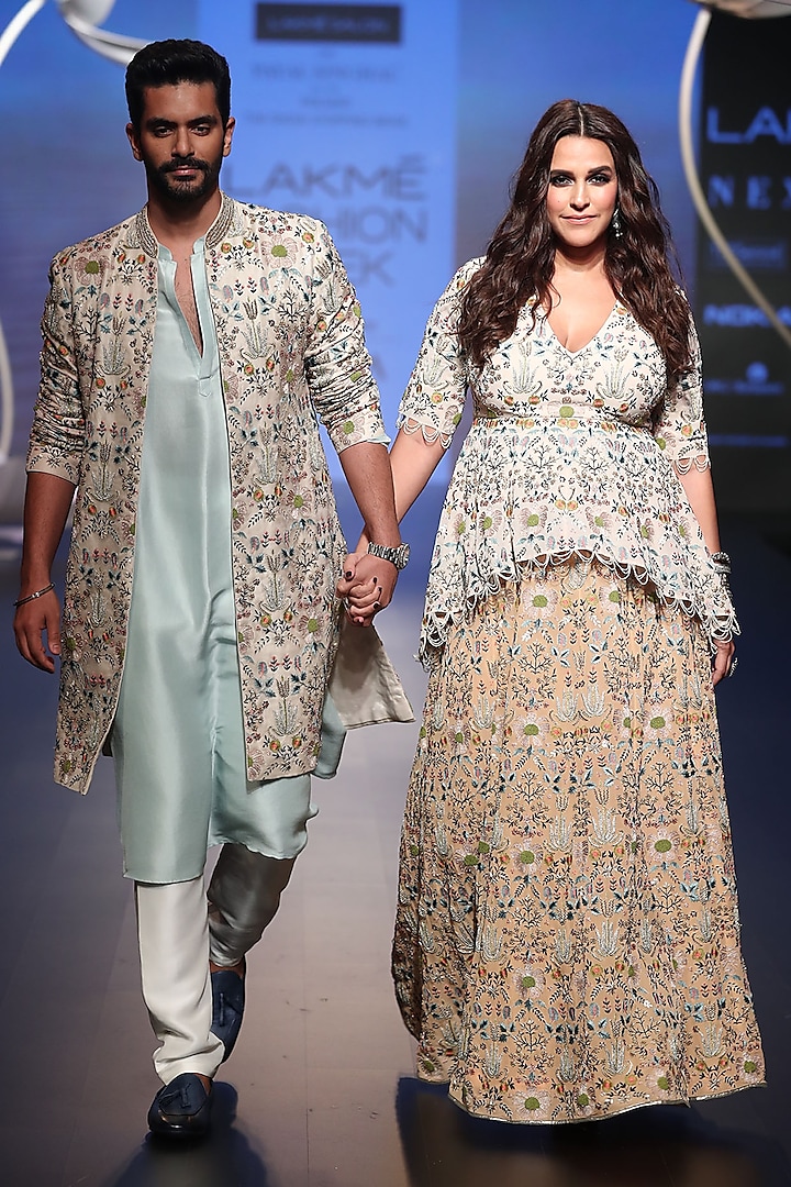 Ice Blue Embroidered Kurta with Pants and Jacket by Payal Singhal Men