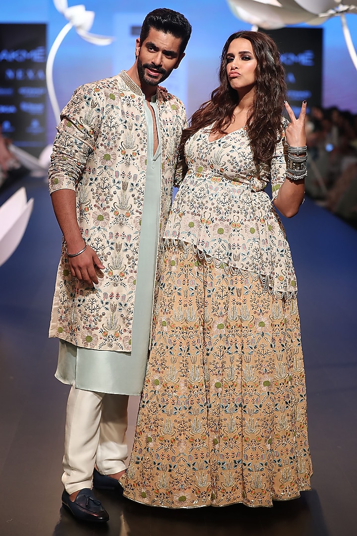 Ice blue embroidered kurta with pants and jacket available only at Pernia's Pop Up Shop.