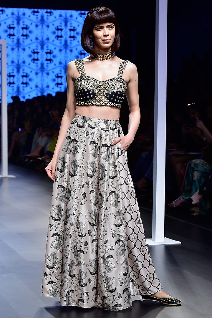 Black Embroidered Bustier with Blush Printed Lehenga Pants by Payal Singhal