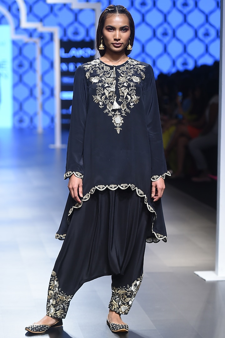 Black Embroidered Asymmetric Kurta with Cowl Pants by Payal Singhal