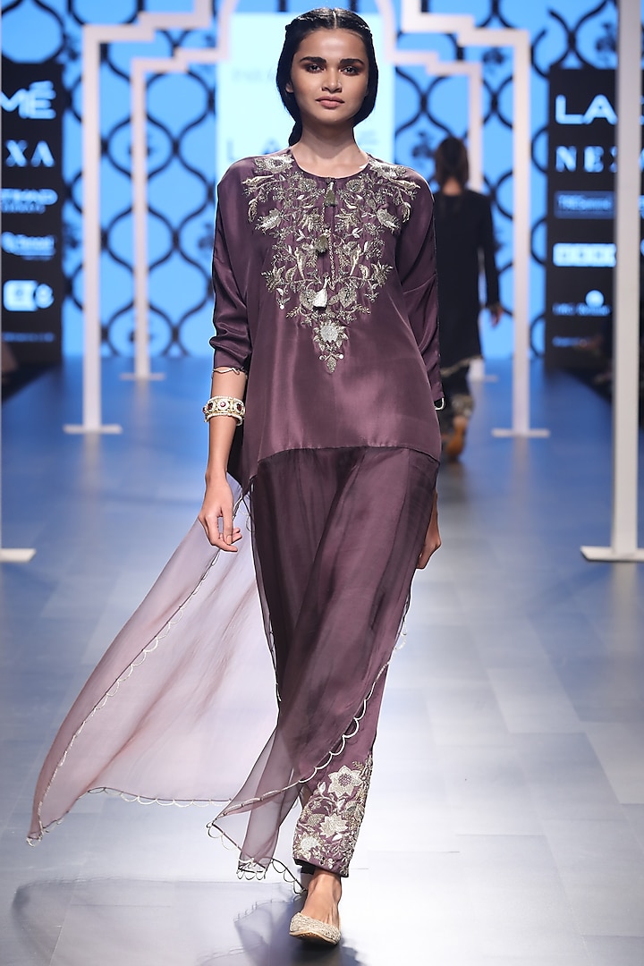 Eggplant Embroidered Kurta with Pants by Payal Singhal