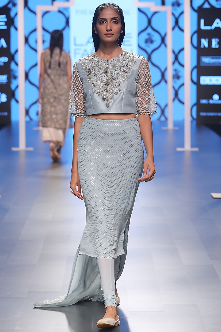 Powder Blue Embroidered Choli with Churidar Skirt by Payal Singhal