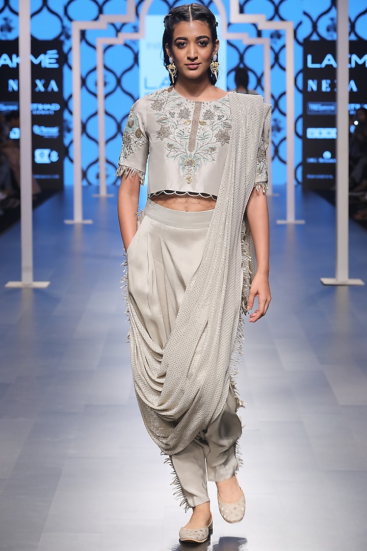 Grey Embroidered Crop Top with Drape Pants by Payal Singhal