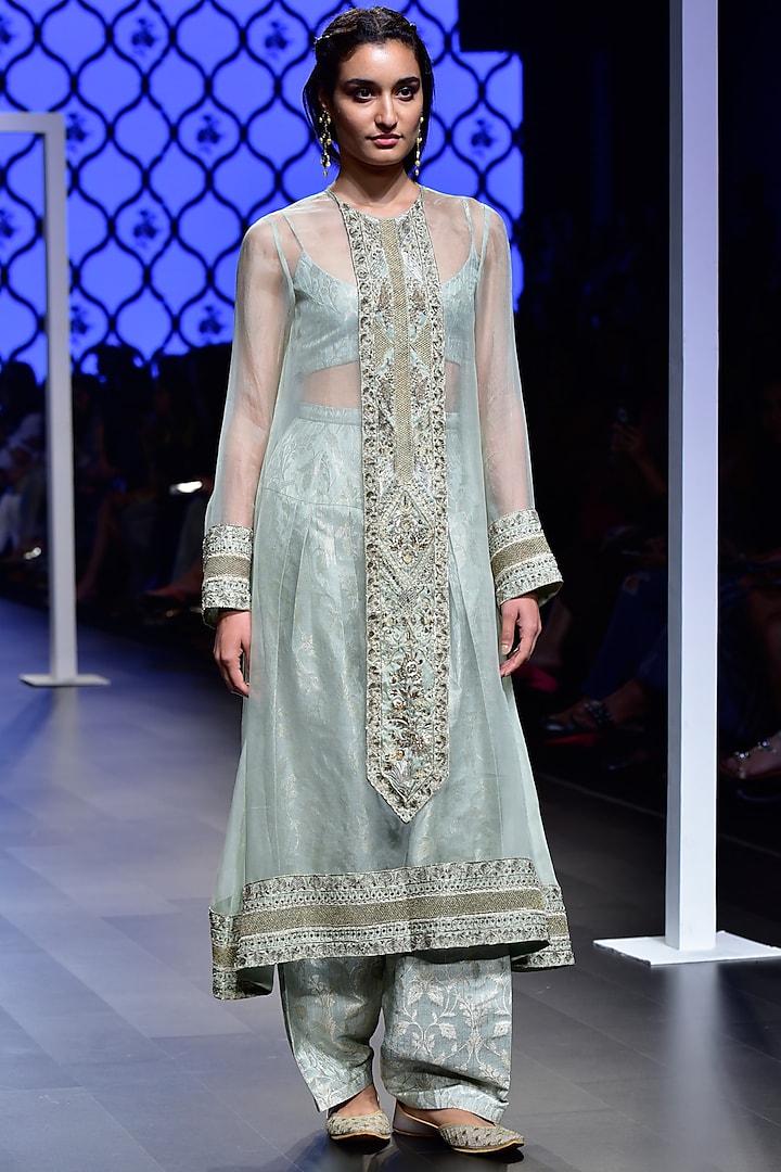 Mint Embroidered Kurta with Bustier and Salwar Set by Payal Singhal