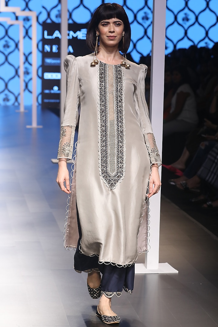 Grey Embroidered Kurta with Navy Blue Pants by Payal Singhal