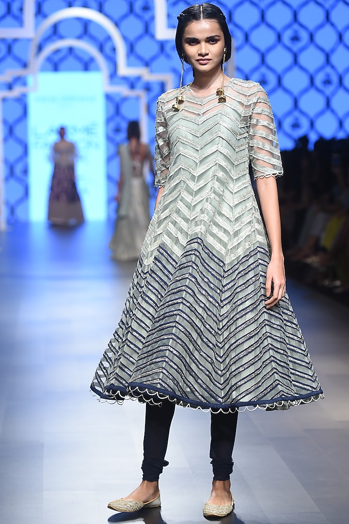 Mint and navy blue embroidered kurta with churidar available only at Pernia's Pop Up Shop.
