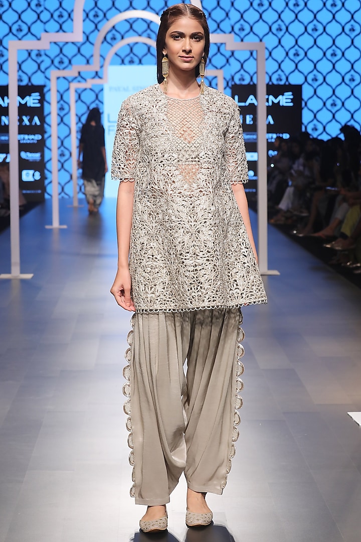 Grey Embroidered Kurta with Bustier and Salwar Set by Payal Singhal