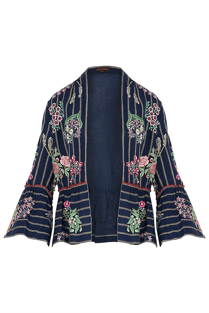 Navy floral embroidered jacket available only at Pernia's Pop Up Shop. 2021