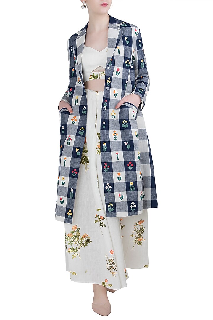 Navy embroidered checks jacket available only at Pernia's Pop Up Shop.