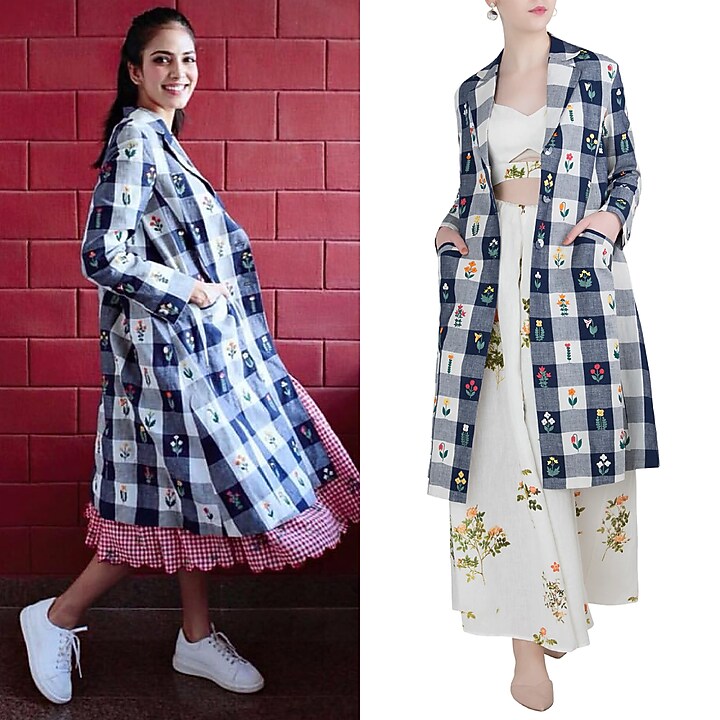 Navy embroidered checks jacket available only at Pernia's Pop Up Shop.