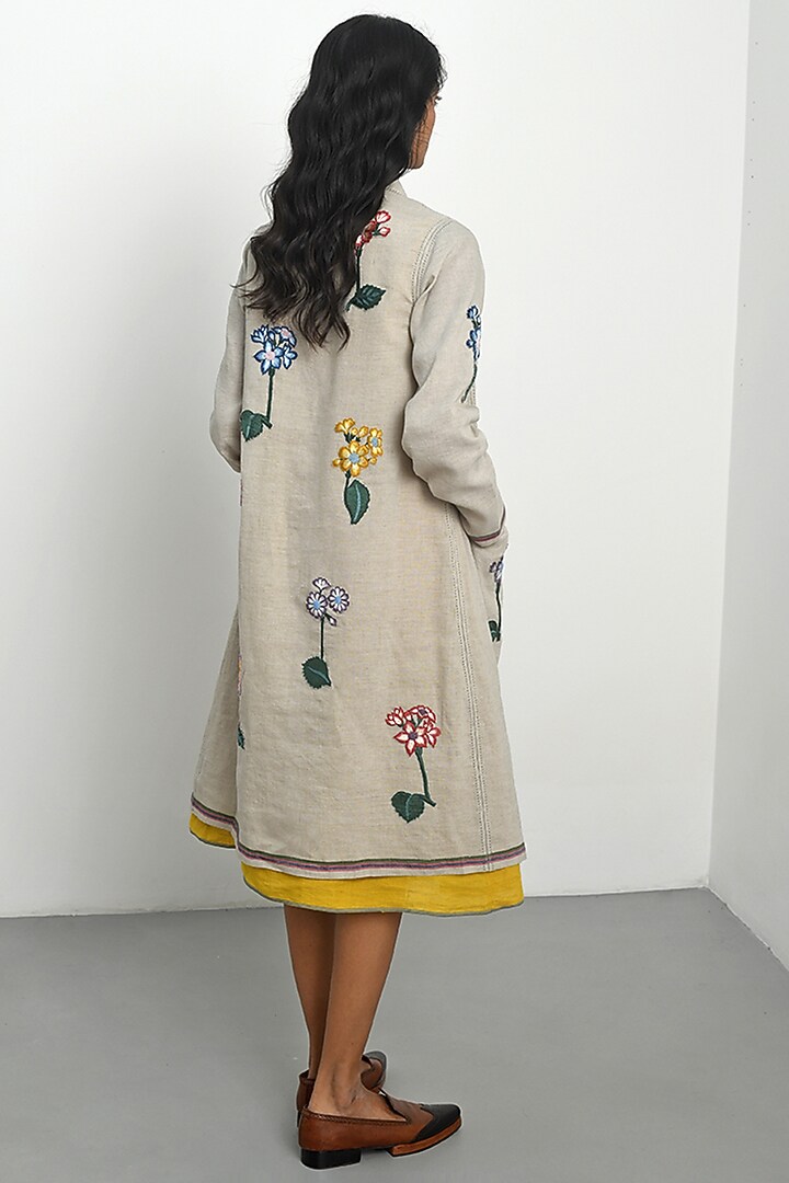 Beige Handloom Linen Applique Embroidered Jacket by Payal Pratap at Pernia's Pop Up Shop