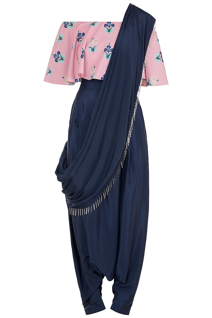 Coral & Navy Blue Printed Choli Top With Pants & Attached Dupatta by PS Pret by Payal Singhal