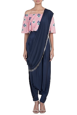 Coral & Navy Blue Printed Choli Top With Pants & Attached Dupatta by PS Pret by Payal Singhal