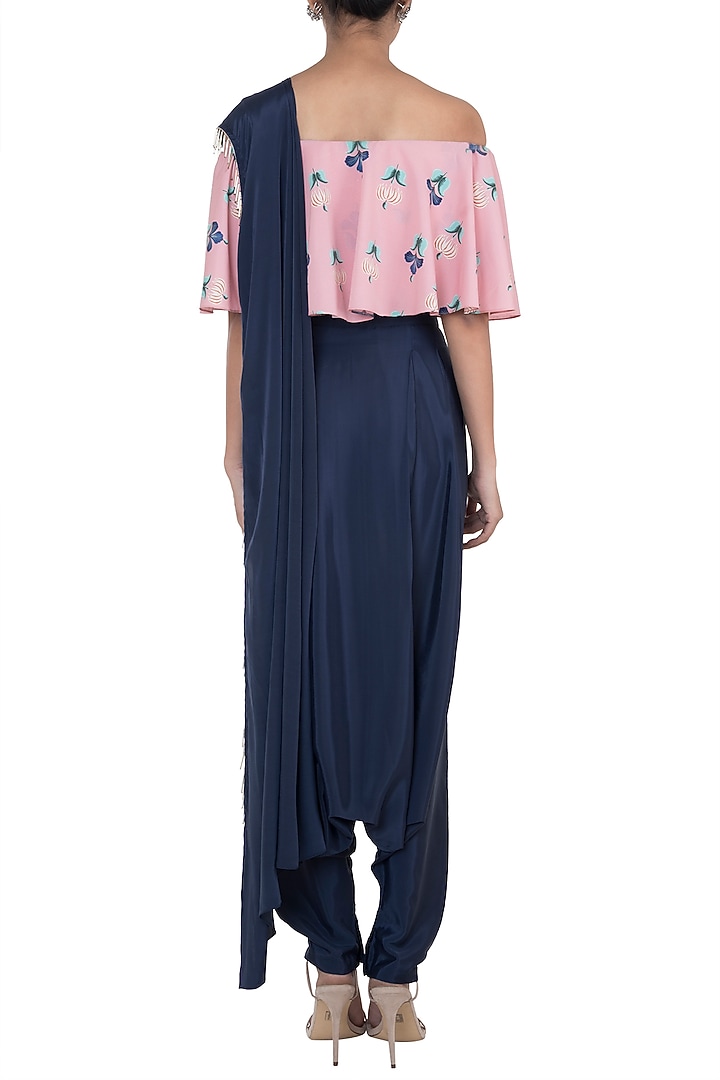 Coral & Navy Blue Printed Choli Top With Pants & Attached Dupatta by PS Pret by Payal Singhal at Pernia's Pop Up Shop