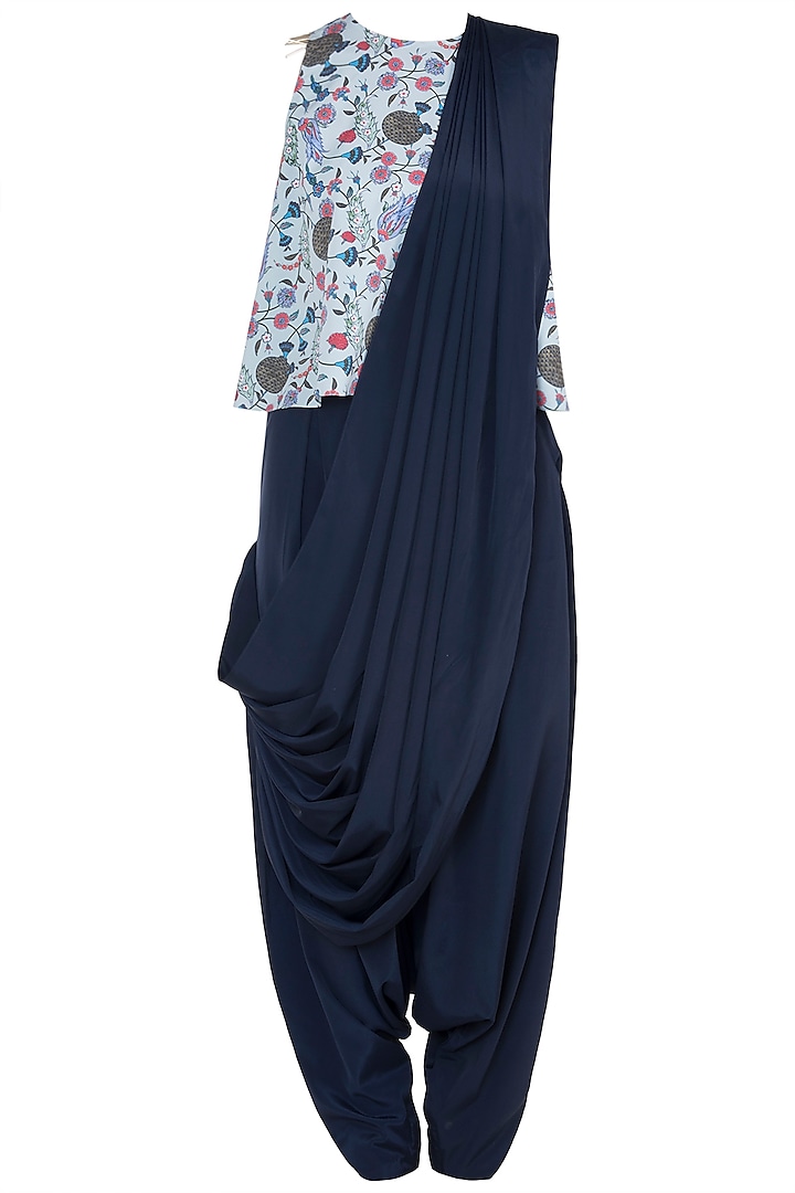 Mint & Navy Blue Printed Top With Pants & Attached Dupatta by PS Pret by Payal Singhal