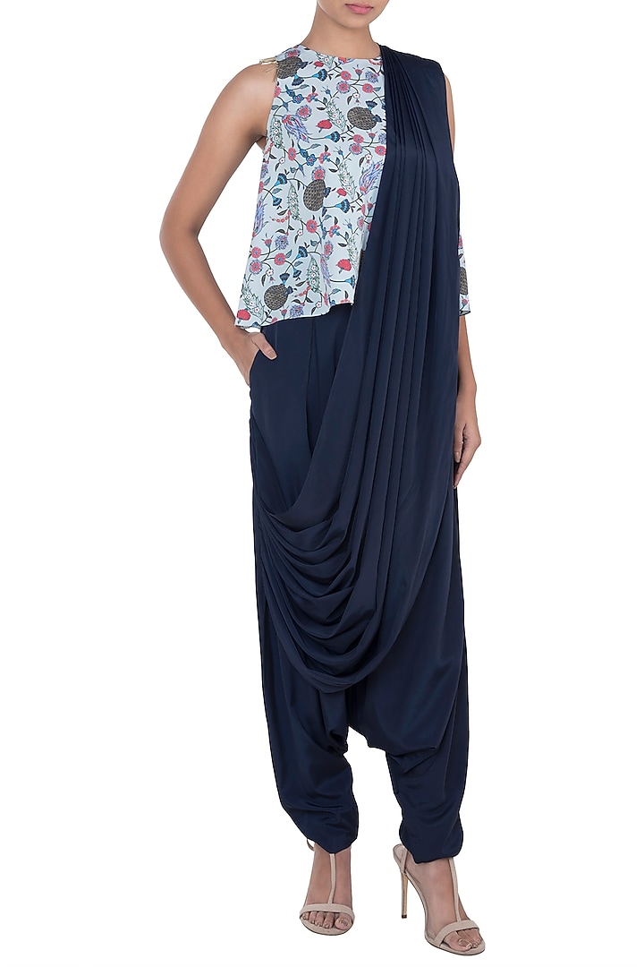 Mint & Navy Blue Printed Top With Pants & Attached Dupatta by PS Pret by Payal Singhal at Pernia's Pop Up Shop