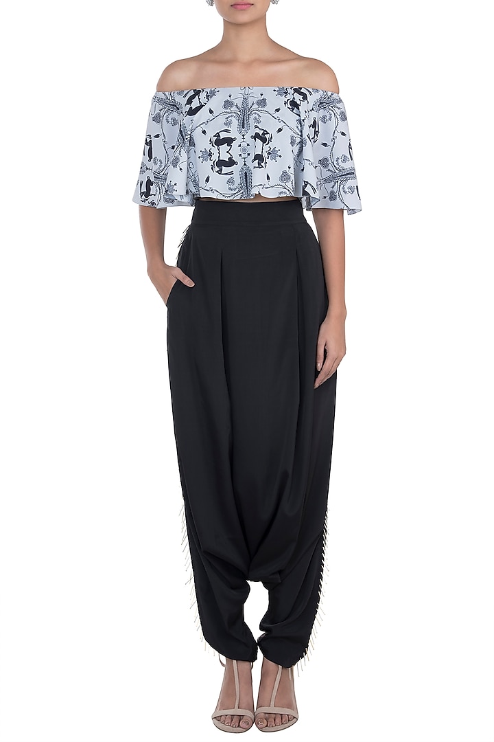 Grey & Black Printed Choli Top With Pants by PS Pret by Payal Singhal at Pernia's Pop Up Shop