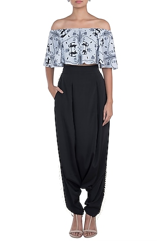 Grey & Black Printed Choli Top With Pants by PS Pret by Payal Singhal
