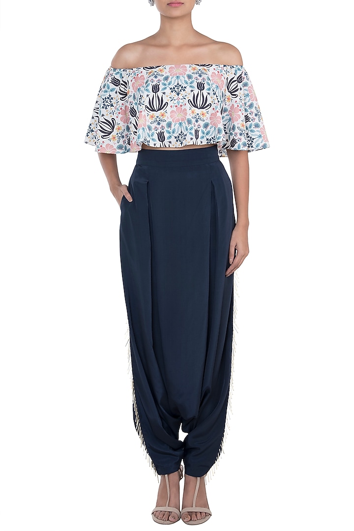 Cream & Navy Blue Printed Choli Top With Pants by PS Pret by Payal Singhal at Pernia's Pop Up Shop