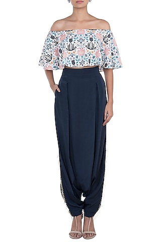 Cream & Navy Blue Printed Choli Top With Pants by PS Pret by Payal Singhal