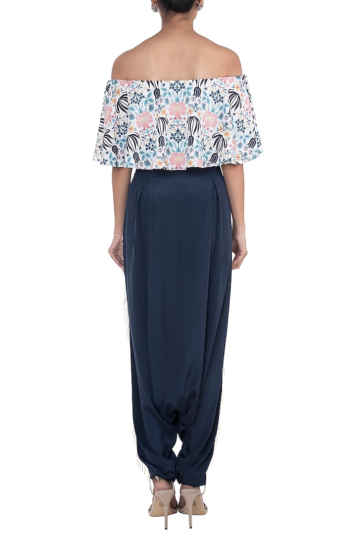 Cream & Navy Blue Printed Choli Top With Pants by PS Pret by Payal Singhal at Pernia's Pop Up Shop