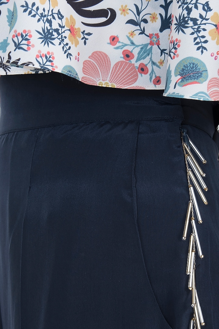 Cream & Navy Blue Printed Choli Top With Pants by PS Pret by Payal Singhal at Pernia's Pop Up Shop