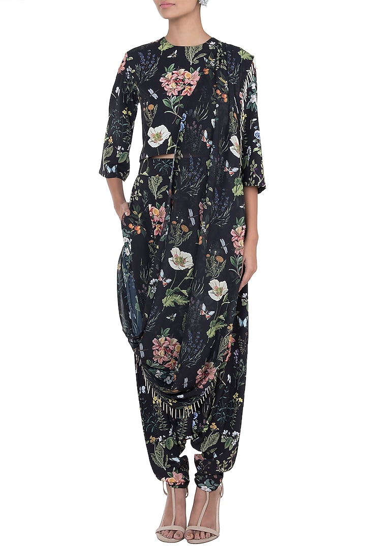 Black Printed Top with Pants & Attached Dupatta by PS Pret by Payal Singhal at Pernia's Pop Up Shop