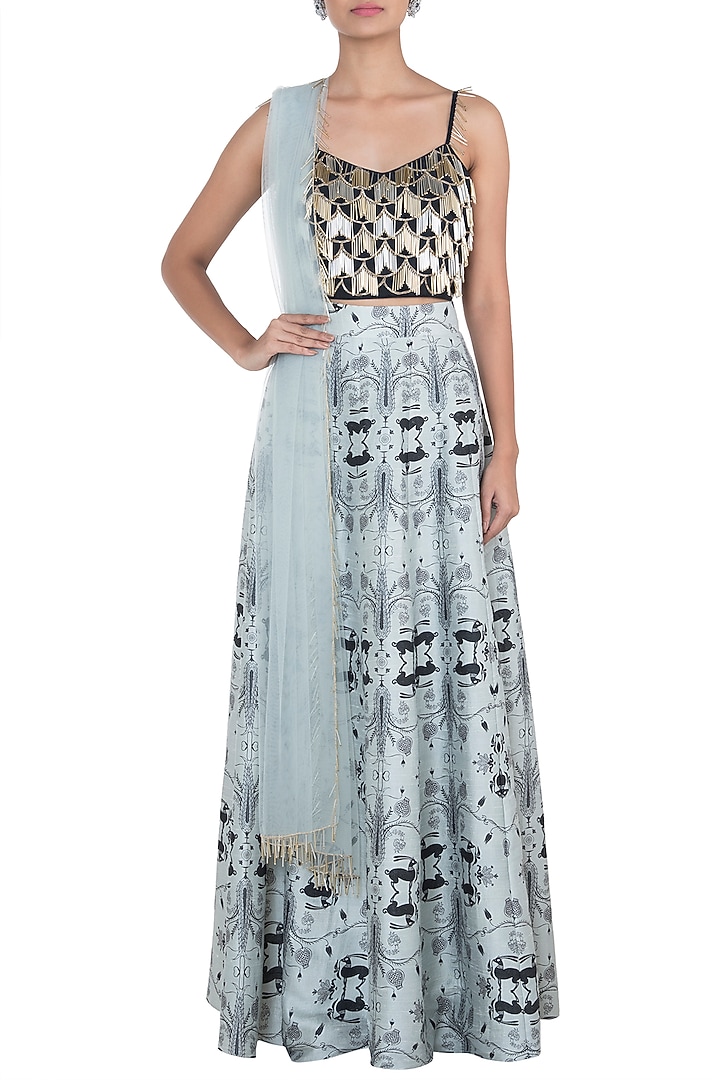 Black & Powder Blue Embroidered Wedding Lehenga Set by Payal Singhal at Pernia's Pop Up Shop