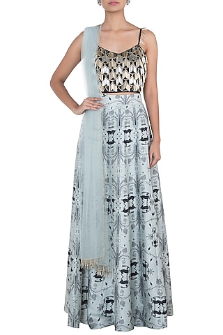 Black & Powder Blue Embroidered Lehenga Set by Payal Singhal
