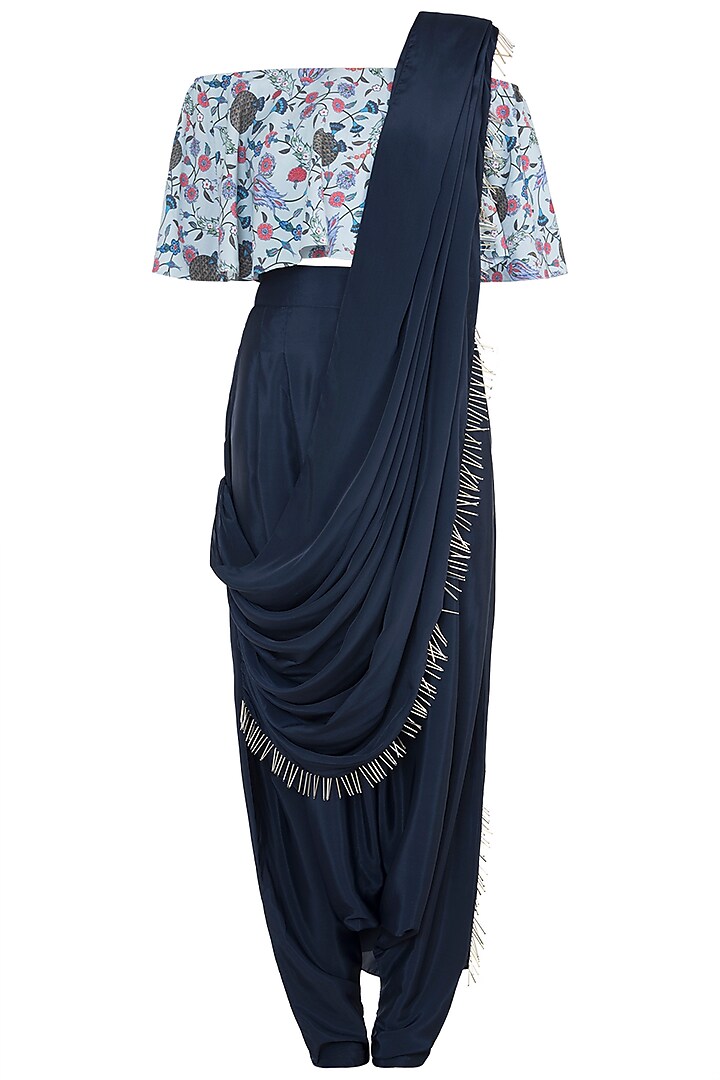 Mint & Navy Blue Printed Off Shoulder Top With Pants & Attached Dupatta by PS Pret by Payal Singhal