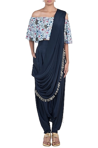 Mint & Navy Blue Printed Off Shoulder Top With Pants & Attached Dupatta by PS Pret by Payal Singhal