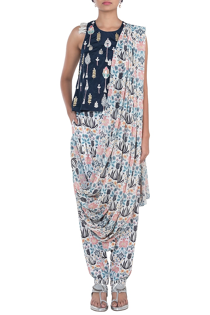 Navy Blue & Cream Embroidered Printed Top With Pants & Attached Dupatta by PS Pret by Payal Singhal at Pernia's Pop Up Shop
