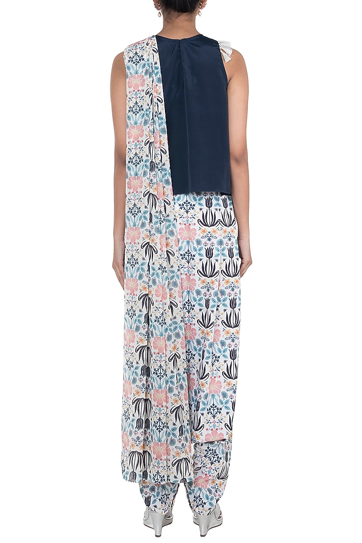 Navy Blue & Cream Embroidered Printed Top With Pants & Attached Dupatta by PS Pret by Payal Singhal at Pernia's Pop Up Shop