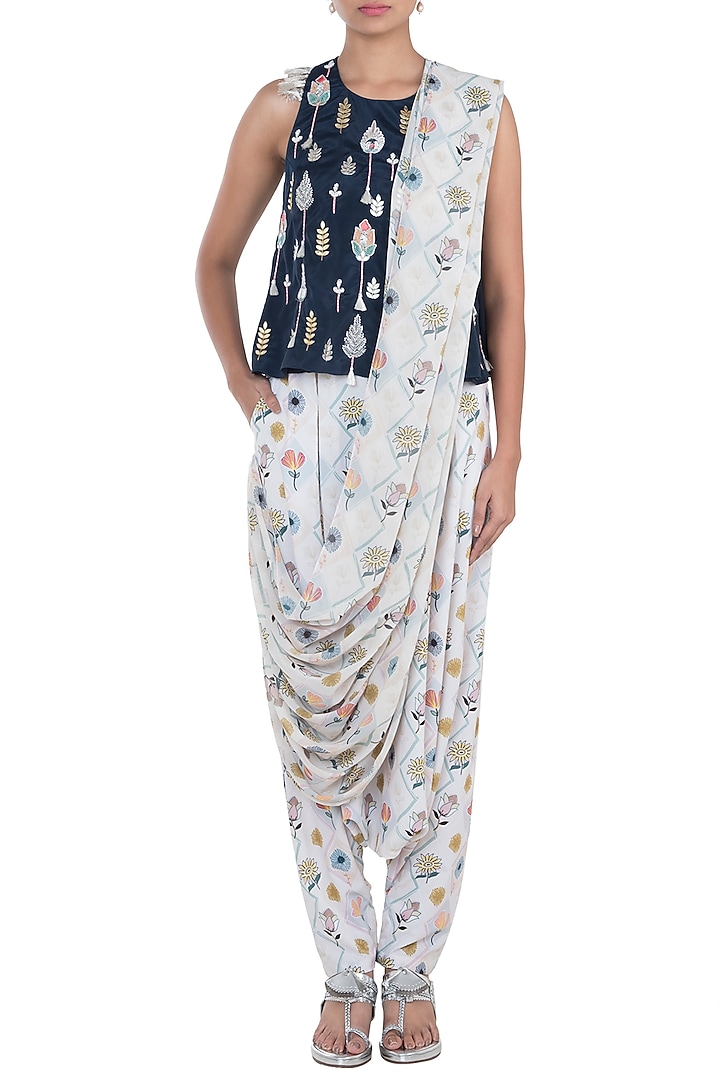 Navy Blue Embroidered Printed Sleeveless Top With Pants & Attached Dupatta by PS Pret by Payal Singhal at Pernia's Pop Up Shop
