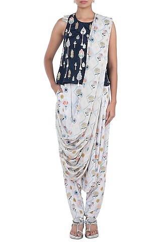 Navy Blue Embroidered Printed Sleeveless Top With Pants & Attached Dupatta by PS Pret by Payal Singhal