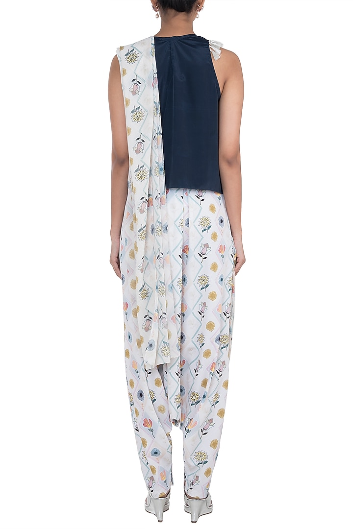 Navy Blue Embroidered Printed Sleeveless Top With Pants & Attached Dupatta by PS Pret by Payal Singhal at Pernia's Pop Up Shop
